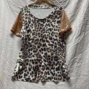 Leopard print short sleeve top with rose gold sequins on sleeves